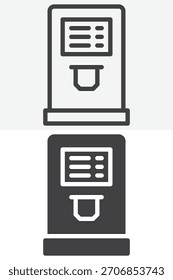 Línea terminal de check-in del aeropuerto y conjunto de iconos sólidos. Esquema e ícono sólido con signo de Vector de trazo editable y símbolo que muestra el quiosco de registro.