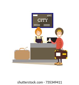 Airport check-in vector illustration. Airline check-in attendant female at counter and passenger male with luggage. Airport people flat style design element, icon isolated on white background.