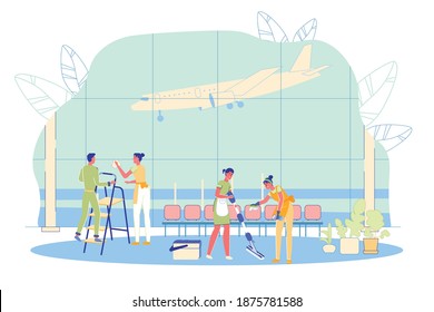 Airport Cleaning Company Employees Cartoon Characters Clean Air Terminal Hall - Washing Windows and Floor. Cleanliness and Hygiene Services at Public Premises at Work. Flat Vector Illustration.