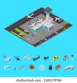 Airport Concept and Elements 3d Isometric View on a White Background Element Map. Vector illustration of Building, Airplane and Runway