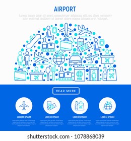 Airport concept in half circle with thin line icons: check-in counter, gates, boarding pass, escalator, toilet, food court, baggage claim, wrapping service, duty free, arrivals. Vector illustration.