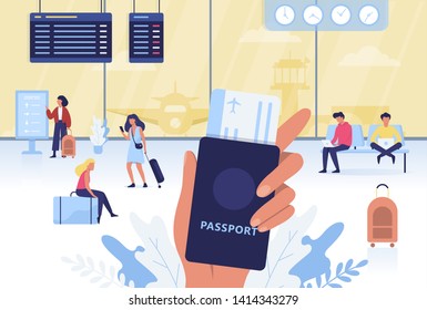 Airport concept. Hand holding passport and ticket. Idea of travel and tourism. Passenger with baggage waiting for plane. Isolated vector illustration in cartoon style