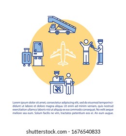Airport concept icon with text. PPT page vector template. Self service kiosk, terminal check in, security control. Airline company brochure, magazine, booklet design element with linear illustrations