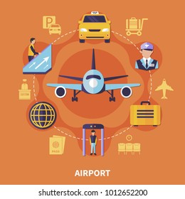 Airport concept with plane luggage taxi steward on orange background flat vector illustration