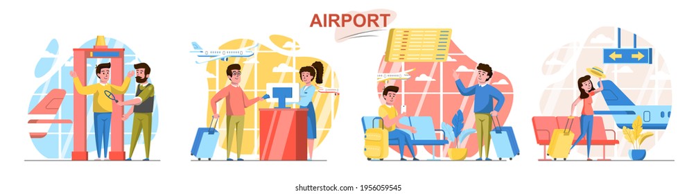 Airport Concept Scenes Set. Passengers Go Through Security Control, Check-in, Waiting In Lobby Hall, Boarding Plane. Collection Of People Activities. Vector Illustration Of Characters In Flat Design