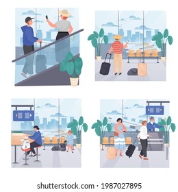 Airport concept scenes set. Tourists with luggage in airport terminal, check in for flight, waiting boarding at hall. Collection of people activities. Vector illustration of characters in flat design