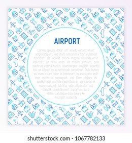 Airport concept with thin line icons: check-in counter, gates, boarding pass, escalator, toilet, food court, baggage claim, wrapping, duty free, departures, arrivals, customs. Vector illustration.