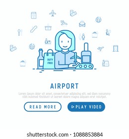 Airport concept with thin line icons: check-in counter, gates, boarding pass, escalator, toilet, baggage claim, wrapping service, duty free, departures. Vector illustration, web page template.