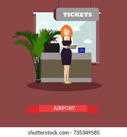 Airport Concept Vector Illustration In Flat Style. Ticket Agent Standing In Front Of Ticket Counter Flat Style Design Element.