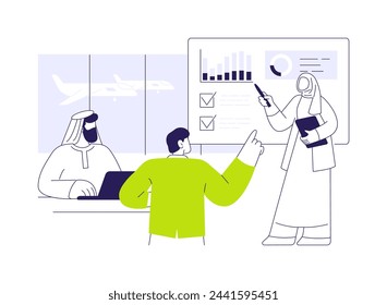 Airport conference room abstract concept vector illustration. Group of diverse people brainstorming in conference hall in the airport, business class travel, company executive abstract metaphor.