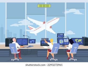 Ilustración vectorial plana de la sala de control de aeropuertos. Personajes de operador de hombres y mujeres que trabajan en computadoras para controlar pistas de vuelo. Servicio de transporte aéreo internacional