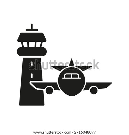 Airport Control Tower With Airplane Solid Icon. Aviation, Flight Monitoring, And Air Traffic Management Silhouette Symbol. Aeronautical Infrastructure. Isolated Vector Illustration.