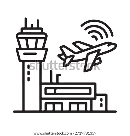 Airport control tower with airplane taking off simple line art illustration