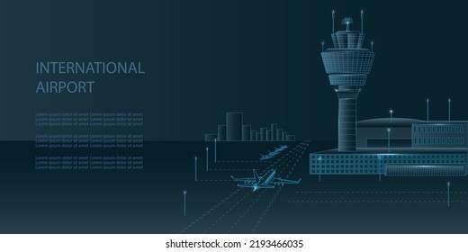 Airport with control tower, airshed, modern 3d buildings and air plane taking off in wireframe low poly style with dots and lights. International Airport concept futuristic vector illustration.