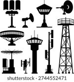 Airport Control Tower and Communication Radar Antenna Silhouette Set vector illustration