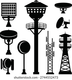 Airport Control Tower and Communication Radar Antenna Silhouette Set vector illustration