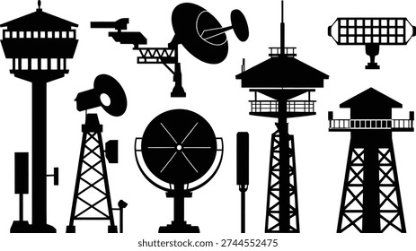 Airport Control Tower and Communication Radar Antenna Silhouette Set vector illustration