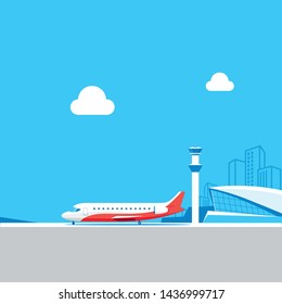 Airport control tower and flying airplane vector