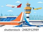 airport control tower and flying civil airplane after take off in blue sky with clouds and city skyline silhouette. Vector illustration in flat design