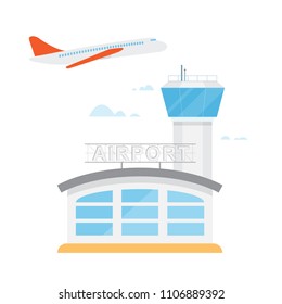 Airport control tower and flying civil airplane after take off. illustration in flat design