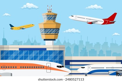 airport control tower and flying civil airplane after take off in blue sky with clouds and city skyline silhouette. Vector illustration in flat design