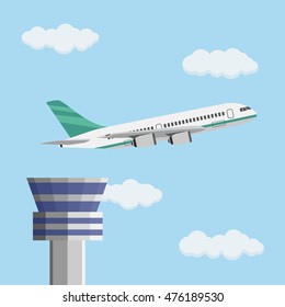 Airport control tower and flying civil airplane after take off in blue sky with clouds. Vector illustration in flat design.