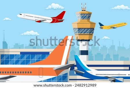 airport control tower and flying civil airplane after take off in blue sky with clouds and city skyline silhouette. Vector illustration in flat design