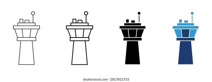 Airport Control Tower Icon Set with Radar Antenna for Aviation and Telecommunication UI Design in Outline Glyph and Blue Flat Vector Line Art Style