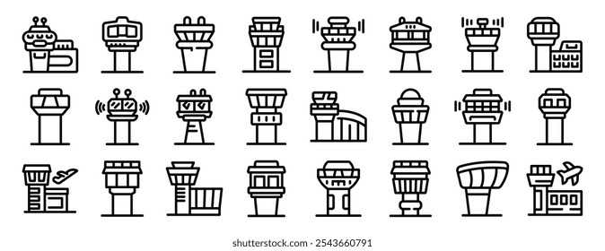 Conjunto de ícones da torre de controle do aeroporto. Conjunto de ícones da torre de controlo aeroportuário que representam a infraestrutura da aviação, o controlo do tráfego aéreo, a segurança de voo e os sistemas de navegação
