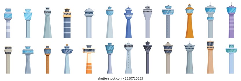 Airport control tower icons set. Different airport control towers managing air traffic, ensuring smooth operations, and safe navigation for aircraft