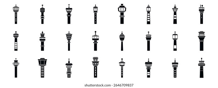 Airport control tower icons set. Collection of various airport control tower silhouettes in a grid layout