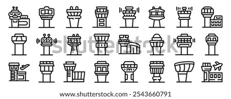 Airport control tower icons set. Set of airport control tower icons representing aviation infrastructure, air traffic control, flight safety, and navigation systems