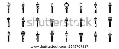 Airport control tower icons set. Collection of various airport control tower silhouettes in a grid layout