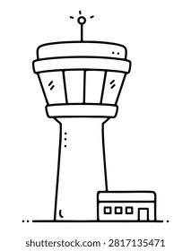 Airport control tower with observation deck, antenna and small terminal building.