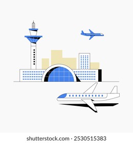 Aeroporto com torre de controle e aviões em ilustração vetorial plana simbolizando viagem aérea, transporte e aviação, isolado no fundo branco