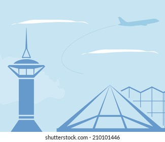 Airport. Control tower and terminal building.  Vector illustration. EPS 10. Opacity.