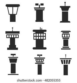 Airport control tower vector icons. Simple illustration set of 9 control tower elements, editable icons, can be used in logo, UI and web design