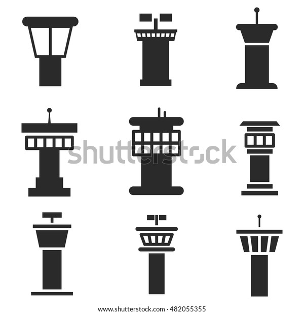 Airport control tower vector icons. Simple\
illustration set of 9 control tower elements, editable icons, can\
be used in logo, UI and web\
design