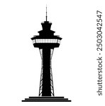 Airport control tower vector illustration, emphasizing its iconic shape and role in managing air traffic at airports.