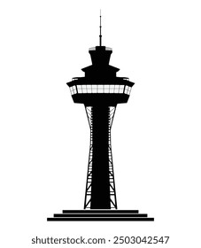 Airport control tower vector illustration, emphasizing its iconic shape and role in managing air traffic at airports.