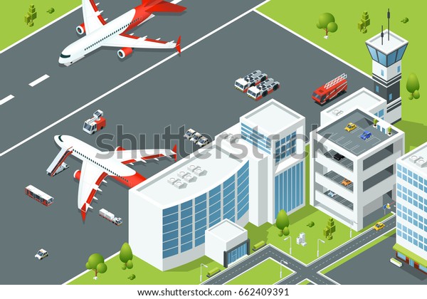 Airport, controls buildings of aircraft.\
Plane ramp and different support machines on runway. Isometric\
vector illustrations
