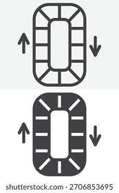 Linha de correia transportadora do aeroporto e conjunto de ícone sólido. Contorno e ícone sólido com sinal de vetor de traçado editável e símbolo mostrando cinto de bagagem.