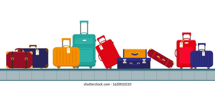 Airport conveyor belt with luggage  bags. Time to travel concept. Vector illustration in flat design.