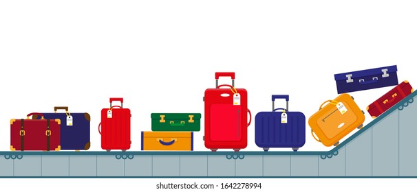 Airport conveyor belt with luggage bags for traveling. Terminal conveyor belt vector illustration in flat design.