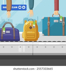 Airport conveyor belt with luggage bags. Suitcases on airport luggage conveyor belt. Travel bag