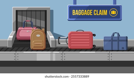 Airport conveyor belt with luggage bags. Suitcases on airport luggage conveyor belt. Travel bag