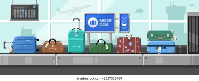 Airport conveyor belt with luggage bags. Suitcases on airport luggage conveyor belt. Travel bag