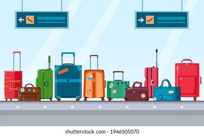 Airport conveyor belt with luggage. Carousel system with travel suitcases and bags with stickers. Cartoon baggage claim area vector concept. Illustration airport with luggage and baggage