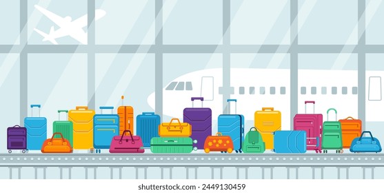 Airport conveyor belt with passenger luggage bag in flat style. Terminal hall illustration for travel, holiday, flight concept