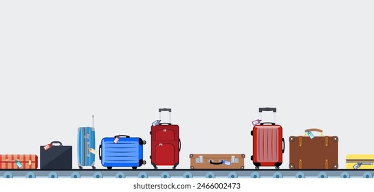 Airport conveyor belt with passenger luggage bags vector illustration. Airport baggage belt, luggage for travel, terminal conveyor. vector illustration in flat design